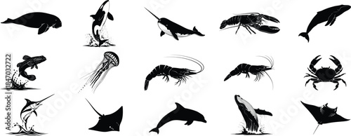 Silhouettes of various marine animals and mythical creatures