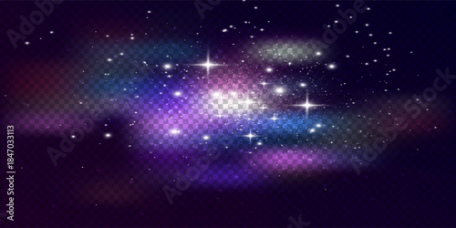 Scattered blue-pink neon particles on a dark background.Festive background or design element. Bright particles with bokeh effect, Christmas background with magical glitter. Concept: Christmas, party