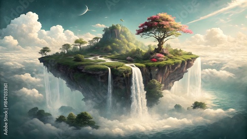 Floating island with vibrant tree and waterfalls in cloudy sky