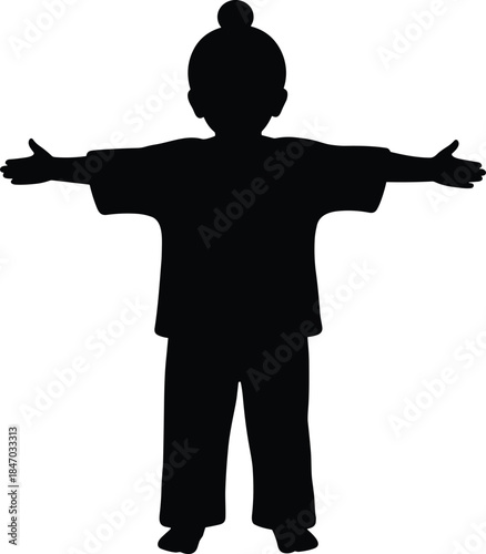 Child silhouette, T-pose posture, loose clothing, bun hairstyle, anatomical reference, educational figure, flat vector illustration