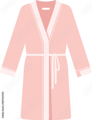 Pink bathrobe, shawl collar, tied belt, long sleeves, light cuffs, cozy loungewear, sleepwear fashion, flat vector illustration