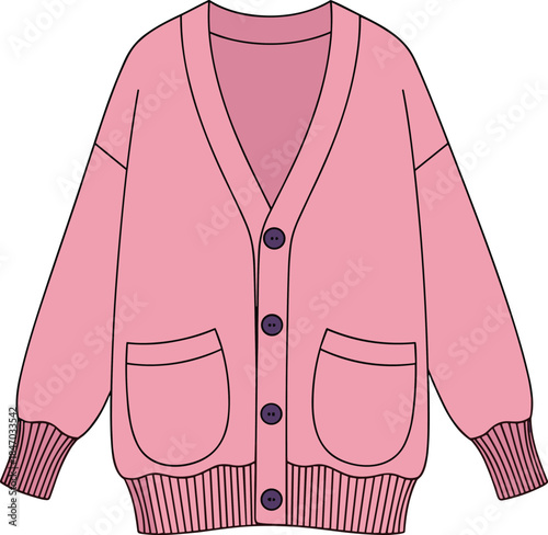 Pink cardigan sweater, V-neck design, ribbed cuffs and hem, front pockets, buttoned style, cozy fashion, flat vector illustration