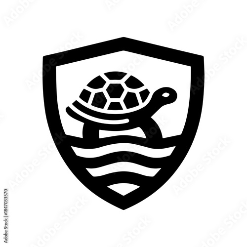 Minimalist black vector icon of a turtle and waves inside a protective shield. Symbolizes ocean conservation, wildlife protection, ecology, and environmental safety. Simple style on transparent.
