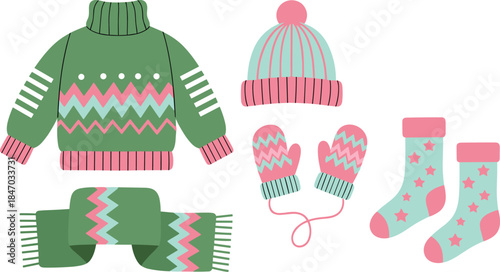 Winter clothing set, coordinated colors and patterns, cozy fashion accessories, seasonal wear, knit textures, flat vector illustration