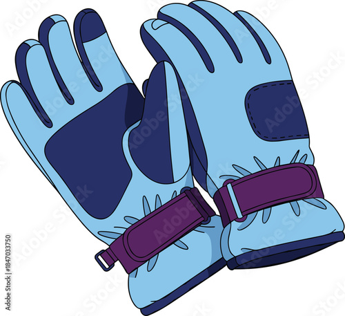 Winter gloves, light blue with purple accents, reinforced grip, adjustable wrist straps, cold weather apparel, flat vector illustration