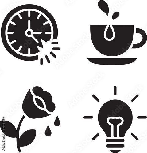 Creative icons representing time, coffee, rose, and idea