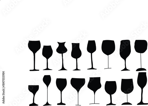 Assortment of Black Wine Glass Silhouettes on White Background