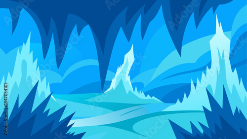 A captivating illustration of a majestic blue ice cave with sharp formations and a frozen pathway
