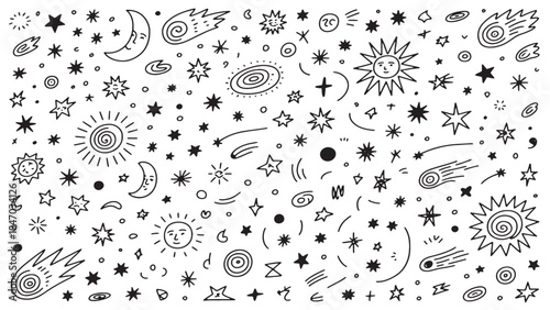 Space & Star Vector Set – Hand-Drawn Crayon Universe, Moon, Planet & Rocket Illustrations, Cute Doodles, Galaxy, Astronauts, Sparkles & Vintage Cosmic Backgrounds