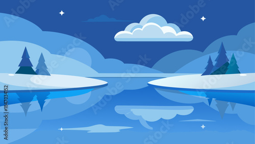 Serene winter night with snow-covered landscapes, reflecting water, and a star-filled sky
