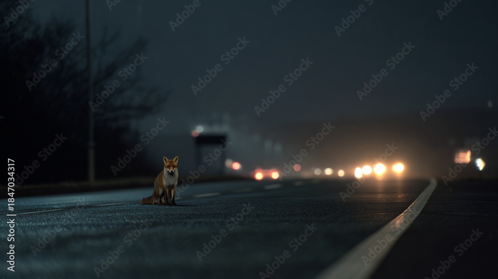 Naklejka premium A Fox Suddenly Appears on an Empty Night Highway with Headlights in the Background