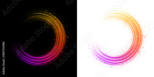 Neon three-dimensional ring with circular lines and spinning motion. Glowing light and electric spark effects.