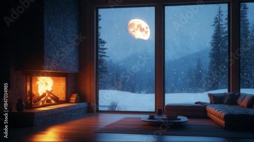 Cozy cabin with fireplace and snowfall under a full moon in the mountains during winter evening