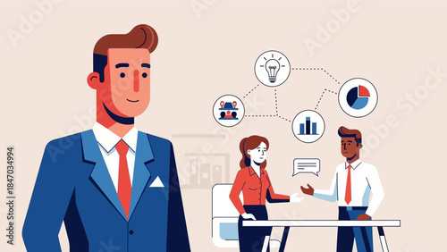 Business Leadership Concept. Vector illustration of a diverse office team discussing ideas, finance, and growth strategy. Teamwork, innovation, and project planning concept.