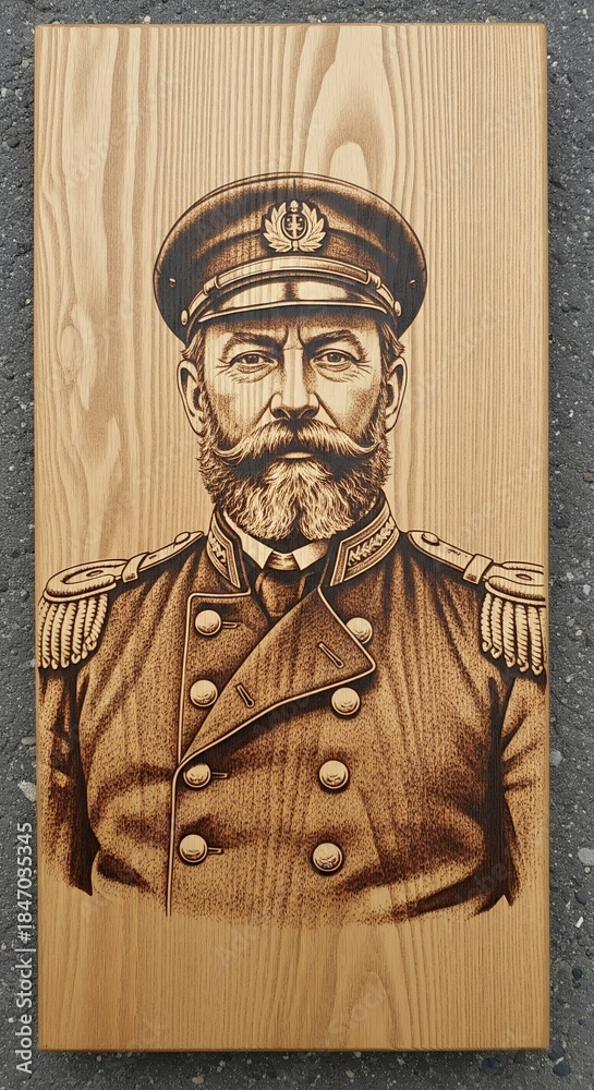 Naklejka premium Pyrography art of vintage military officer portrait with beard and hat on light wood board