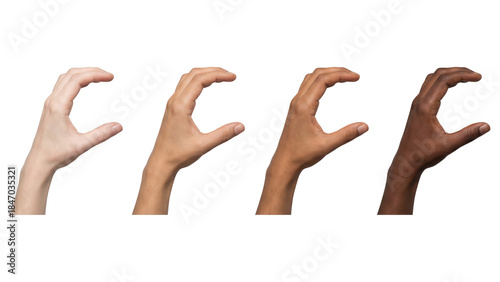 Diverse hands making C shape. Varied skin tones shaping letter isolated on white.