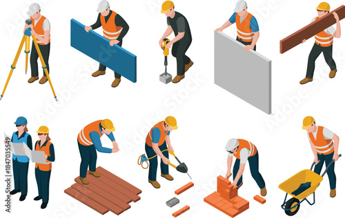 Construction workers illustration, builders performing tasks with tools, industrial safety equipment vector design set collection