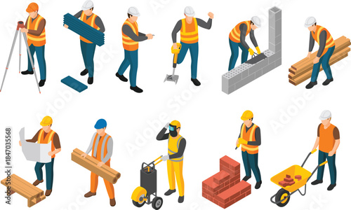 Construction workers icons set, builders at work illustration, industrial labor safety tools vector design collection