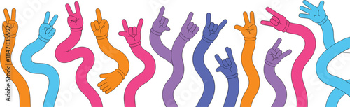 Colorful cartoon hands gestures illustration set with peace rock sign symbols, fun vector design collection