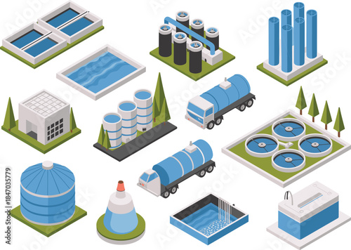 Isometric water treatment plant elements set, wastewater purification storage tanks trucks industrial vector illustration