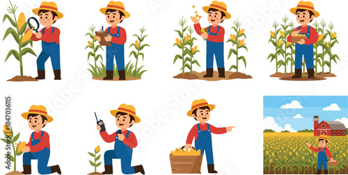 Cartoon farmer corn agriculture illustration set showing planting growth inspection harvest rural farming process characters flat vector design for educational infographic