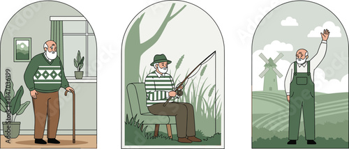 Elderly men lifestyle illustration, senior activities indoors outdoors, retirement life scenes, healthy aging concept, old man character design, flat vector artwork set