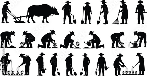 Farmer silhouettes set, traditional agriculture work, planting harvesting watering, rural farming tools, ox plowing, sustainable countryside lifestyle