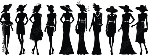 Silhouettes of women in hats and formal wear