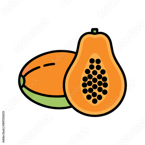Vibrant cartoon illustration of a whole and a half papaya, showcasing its juicy orange flesh and black seeds. Perfect for healthy eating, tropical fruit, or fresh produce themes.