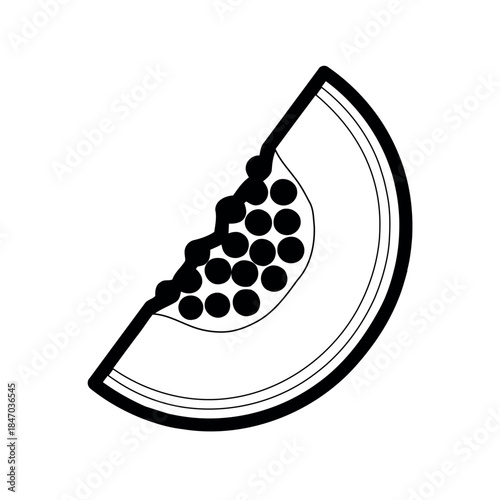Simple black and white outline illustration of a fresh papaya slice with visible seeds, perfect for healthy eating, tropical fruit, and natural food concepts.