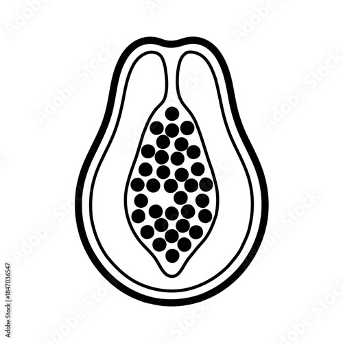 Simple black and white outline illustration of a papaya cut in half, showcasing its numerous seeds. A minimalist vector icon representing tropical fruit and healthy eating.