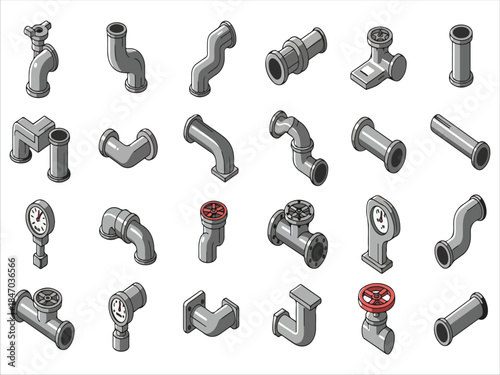 Collection of Industrial Pipe Fittings and Valves Illustration