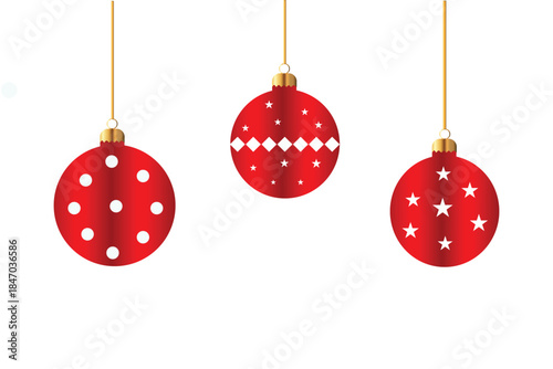 Red Christmas Baubles with Gold String, Holiday Decorations, Minimalist Christmas Ornaments. Resizable and Editable, EPS 10.