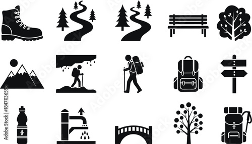 Hiking and outdoor adventure icons set
