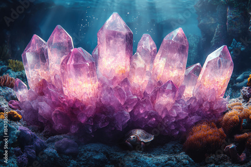 Crystals Shine as a Turtle Explores the Reef Depths