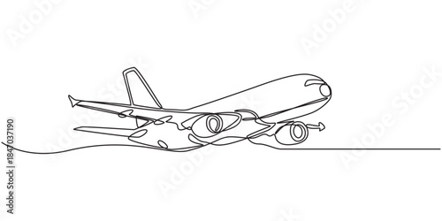 One continuous line drawing of Airplane path. Business Concept of world travel and international flight airline in simple linear style. Air plane trip in Editable stroke. Contour vector illustration