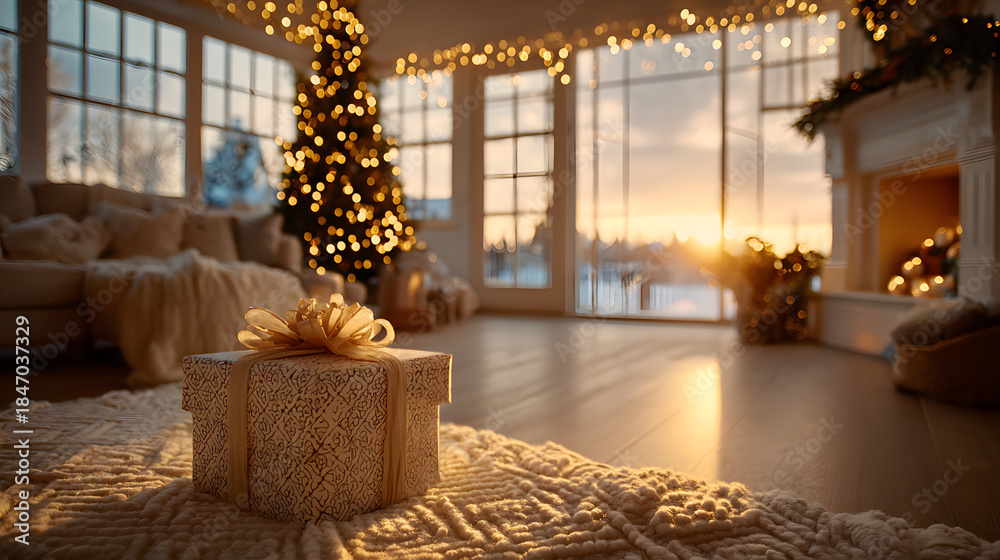Obraz premium Holiday gift box in cozy living room with Christmas tree at sunset