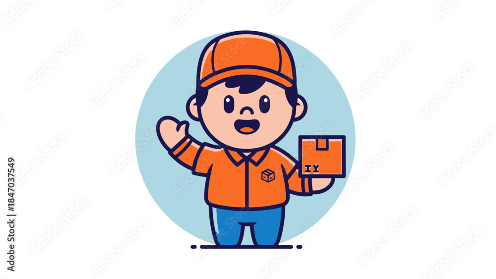 Obraz premium Happy Cartoon Delivery Man Waving and Holding Package on Light Blue Background