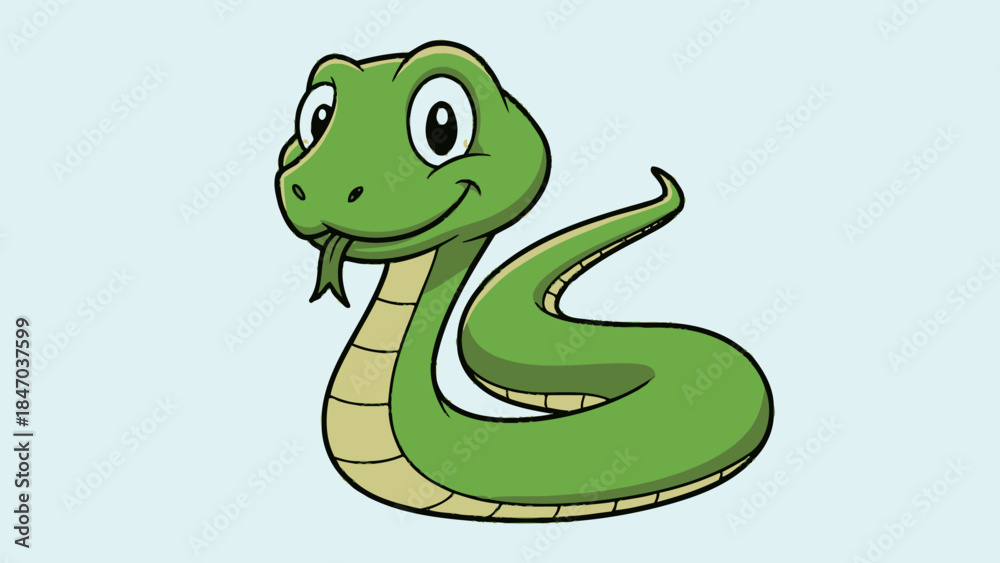 Fototapeta premium Cute Happy Cartoon Green Snake Coiled on Light Blue Background