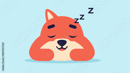 Cute Cartoon Fox Sleeping Peacefully on Light Blue Background.