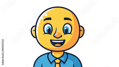 Cute Cartoon Bald Man's Head Smiling Happily with Blue Shirt and Tie, Isolated White Background.