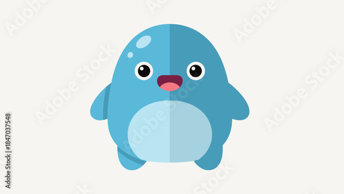 Cute Cartoon Blue Penguin Standing Happily on Light Grey Background.
