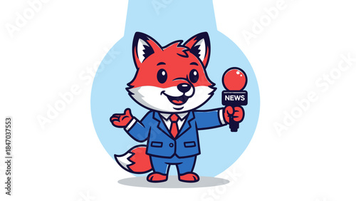 Cute Cartoon Fox News Reporter Holding Microphone and Smiling, Isolated White Background.