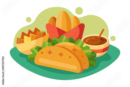 Mexican street food platter with tacos tamales and churros artwork