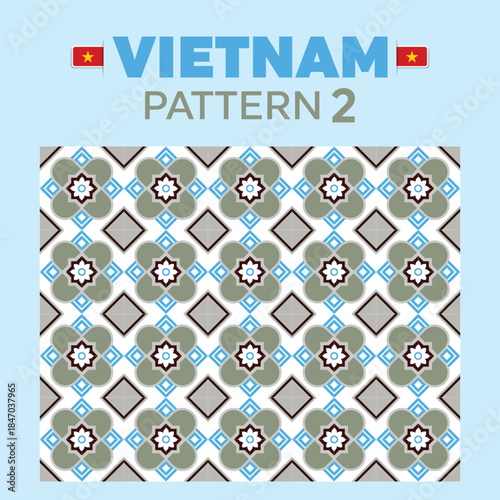 Vietnam Pattern 2 is a seamless decorative tile pattern inspired by traditional Vietnamese ceramic floors. The design combines geometric shapes and floral motifs in soft vintage colors, suitable for b