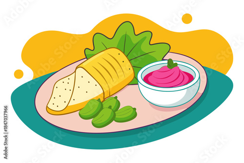 Mexican tamale platter with salsa verde sour cream garnish line art