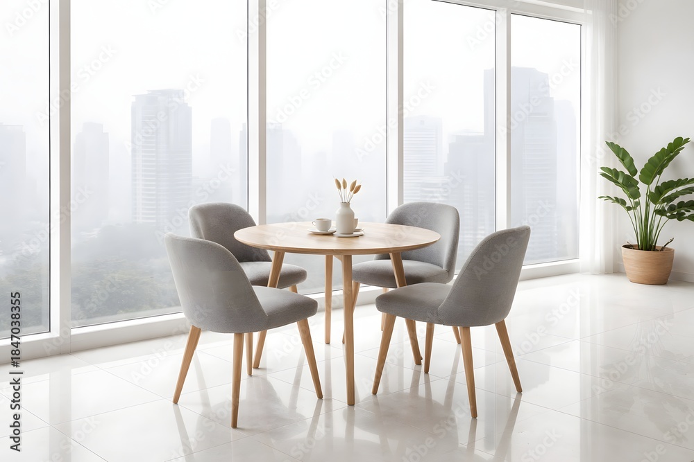 Fototapeta premium Minimalist dining space with city skyline view