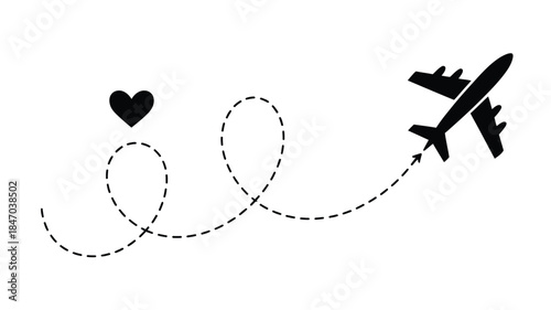 Airplane flying towards heart with dotted line trail