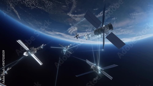 Space satellites network orbiting the Earth, illustrating global communication and technological advancement. A futuristic view of technology in action. Stock Video
