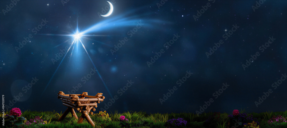 Fototapeta premium christmas tree and stars. Nativity Of Jesus - Scene With The Holy Family With Comet At Sunrise . sunset in the park